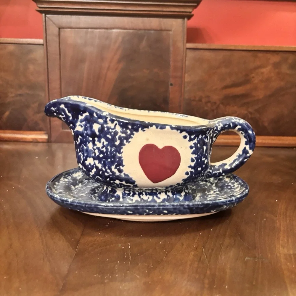 Blue Spongeware Heart Gravy Boat & Underplate Set Pottery Country Farmhouse